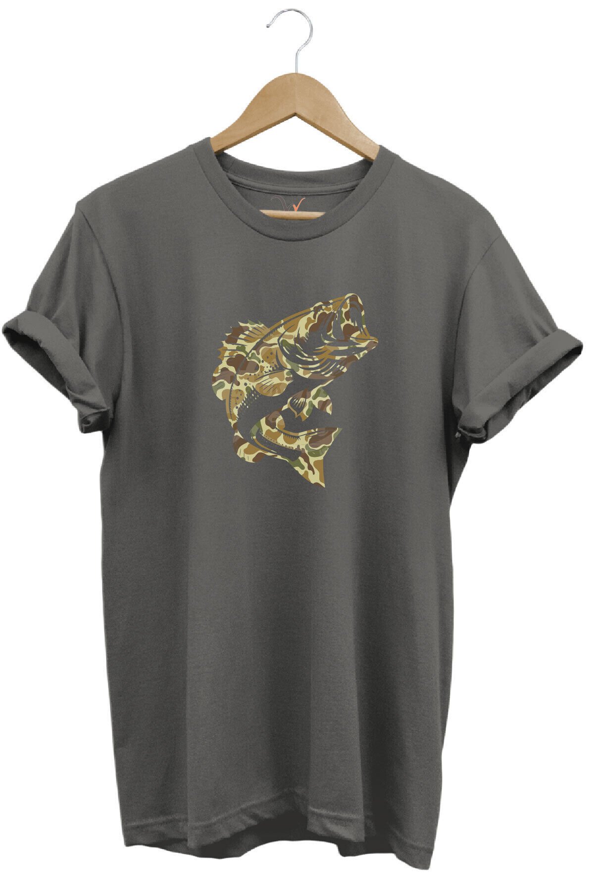 Fishing Balık Avı Kamuflaj Desenli Balık Baskılı %100 Pamuk Regular Fit Kırmızı T-shirt Gri - 2XL