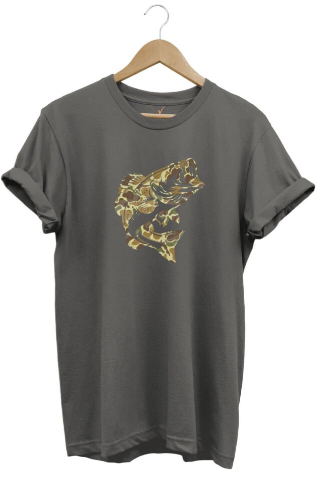 Fishing Balık Avı Kamuflaj Desenli Balık Baskılı %100 Pamuk Regular Fit Kırmızı T-shirt Gri - 2XL