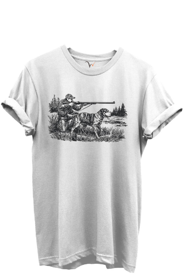 Avcı ve Av Köpeği Av Sahnesi Çizim Baskılı %100 Pamuk Regular Fit Bisiklet Yaka Unisex T-shirt Beyaz - L