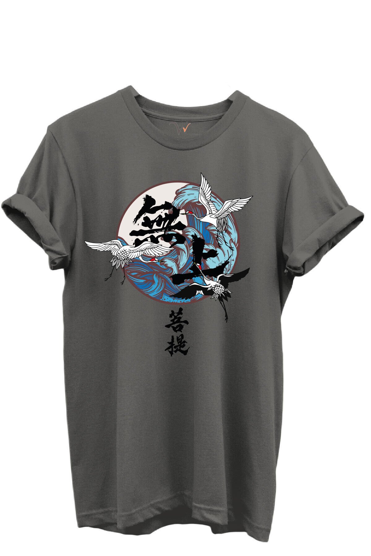 Japon Sanatı Stilinde Turna Kuşları ve Dalga Desenli %100 Pamuk Regular Fit Unisex T-Shirt Gri - XL