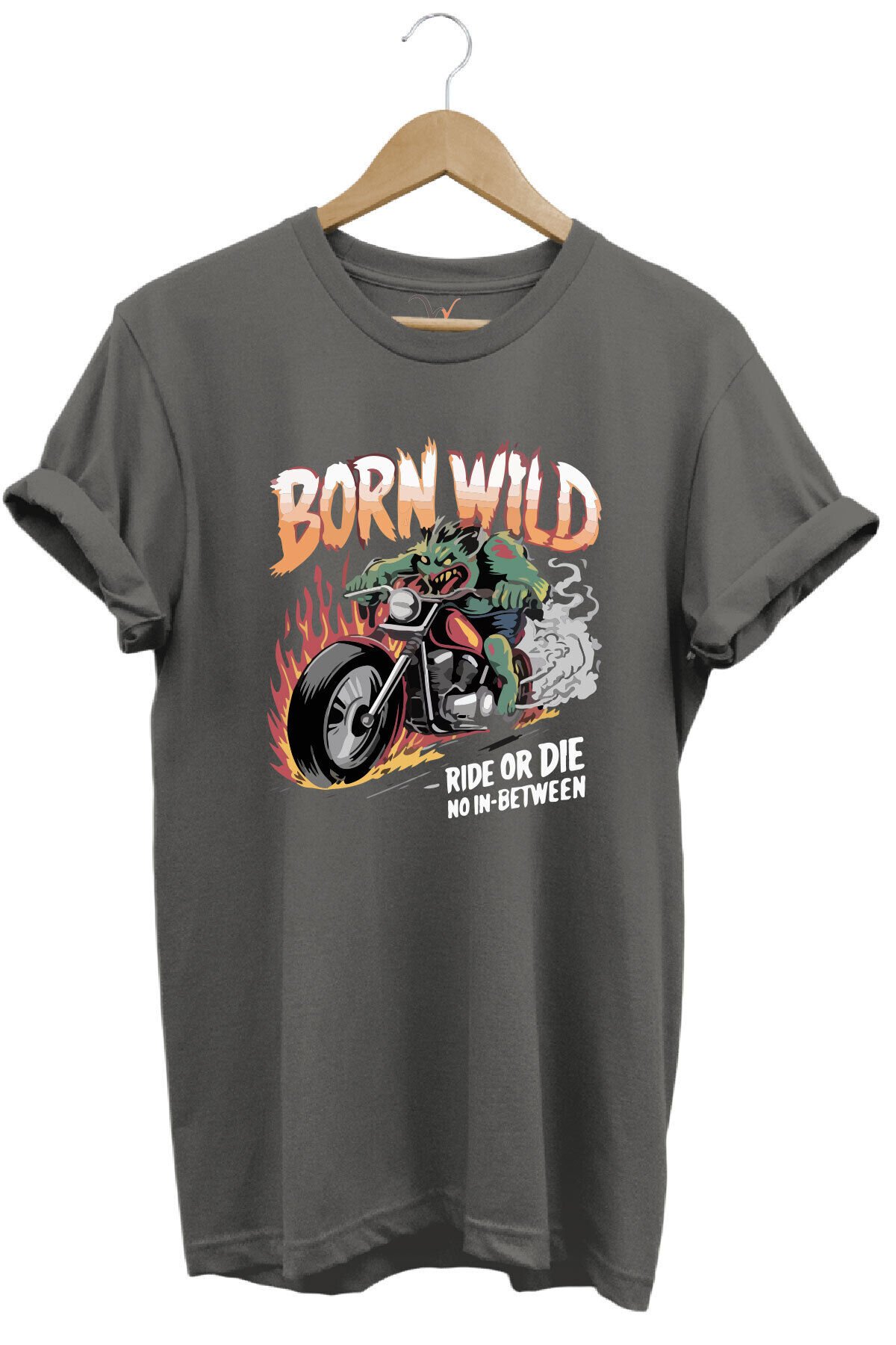 Motorsiklet Born Wild Ride or Die Baskılı Kuru Kafa %100 Pamuk Regular Fit Bisiklet Yaka T-Shirt Gri - M