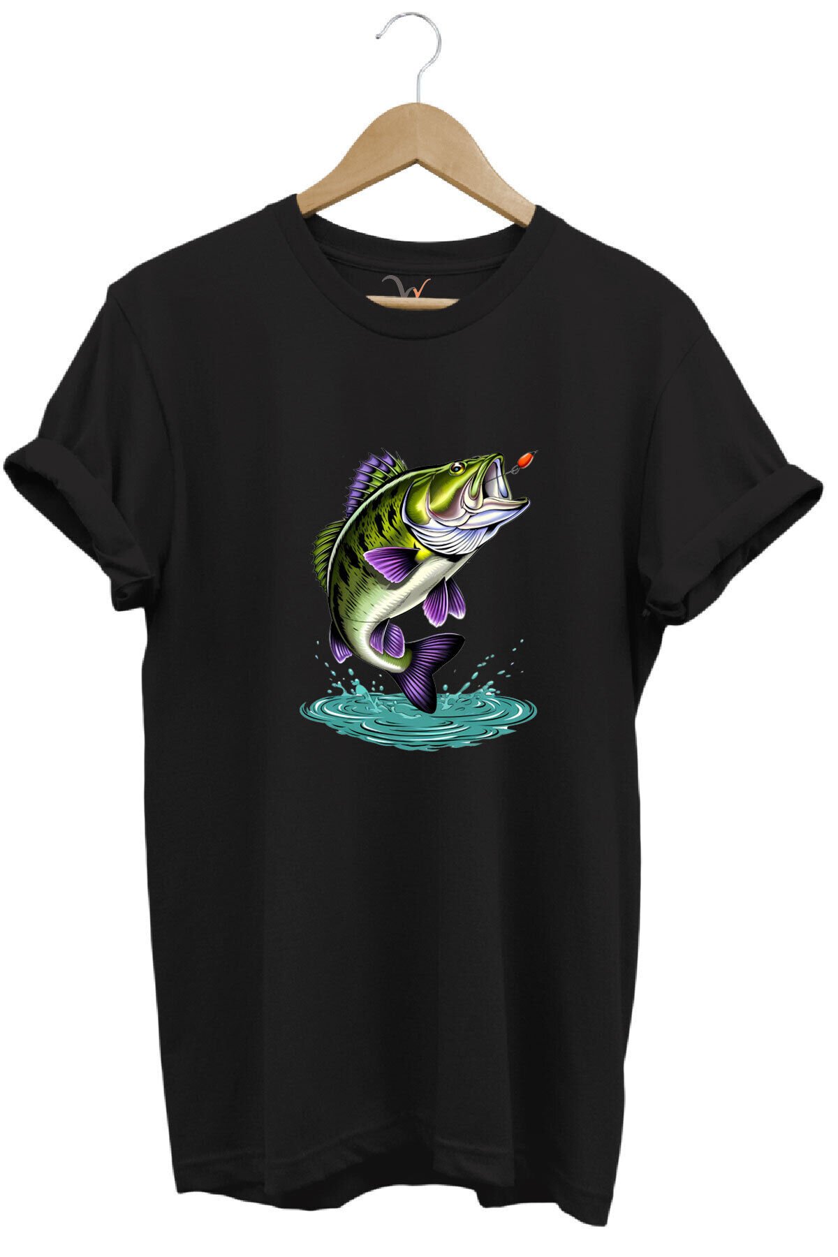 Fishing Balıkçılık Levrek Balığı Baskılı Avcı %100 Pamuk Regular Fit Unisex T-Shirt Siyah - 4XL