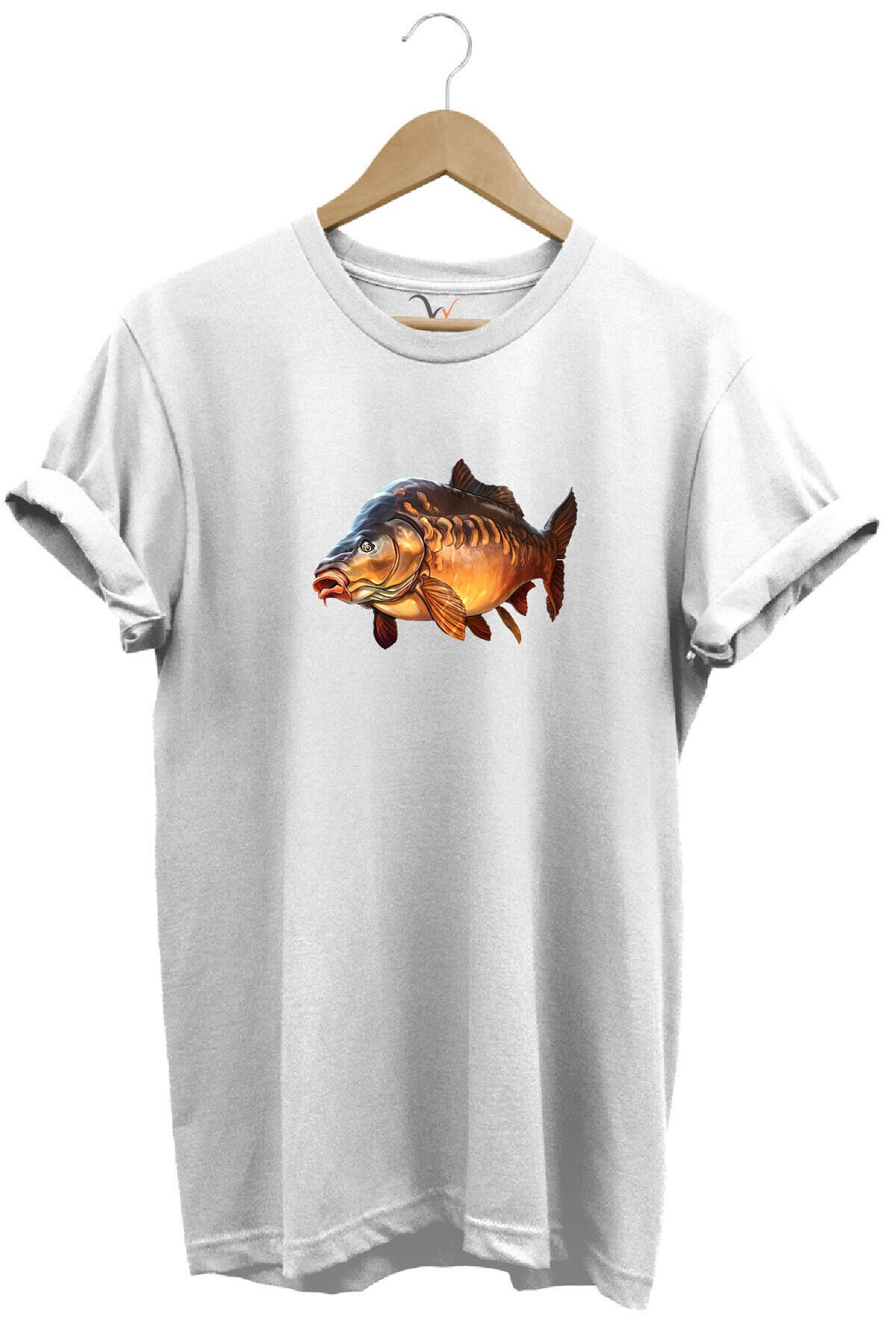 Avcılık Fishing Deniz Göl Sazan Balığı Baskılı Renkli %100 Pamuk Regular Fit Bisiklet Yaka T-Shirt Beyaz - XL