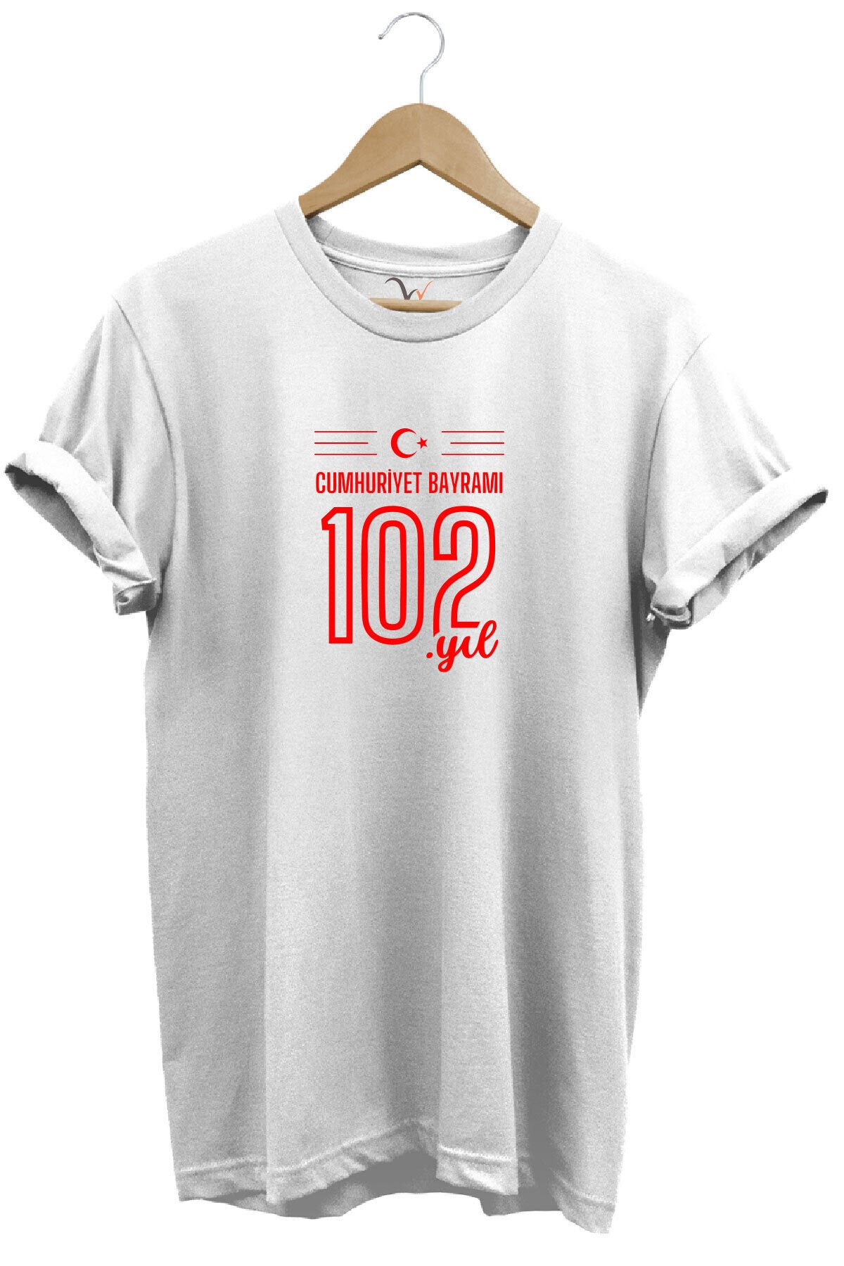 102. Yıl 29 Ekim Cumhuriyet Bayramı Baskılı Ay Yıldız %100 Pamuk Regular Fit Unisex T-Shirt Beyaz - L