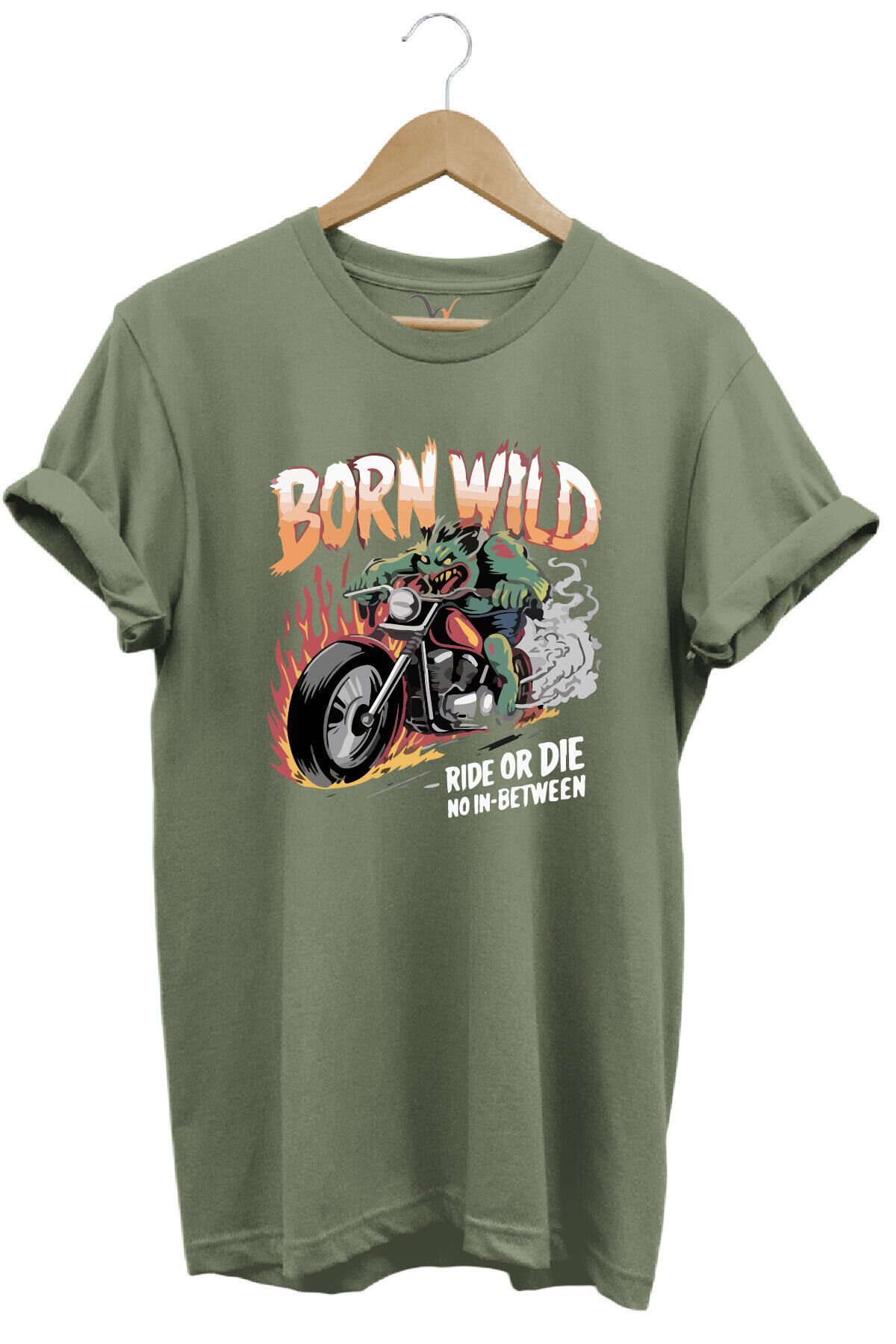 Motorsiklet Born Wild Ride or Die Baskılı Kuru Kafa %100 Pamuk Regular Fit Bisiklet Yaka T-Shirt Haki - M