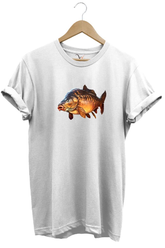 Avcılık Fishing Deniz Göl Sazan Balığı Baskılı Renkli %100 Pamuk Regular Fit Bisiklet Yaka T-Shirt Beyaz - M