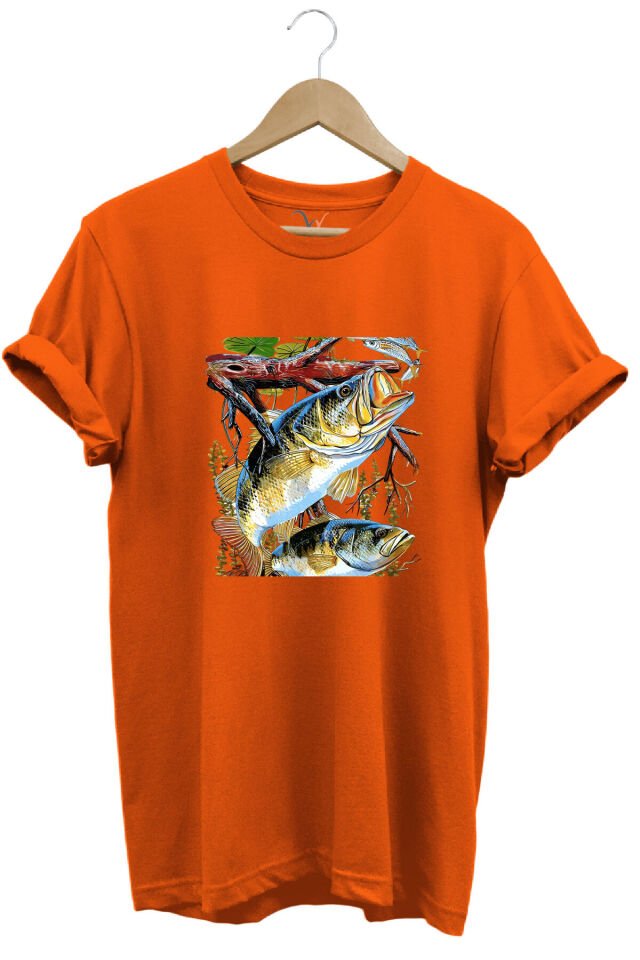 Balıkçılık Avcılık Olta ile Balık Tutmak Sazlık Alabalık Levrek Baskılı Pamuk Regular Fit T-Shirt Turuncu - L