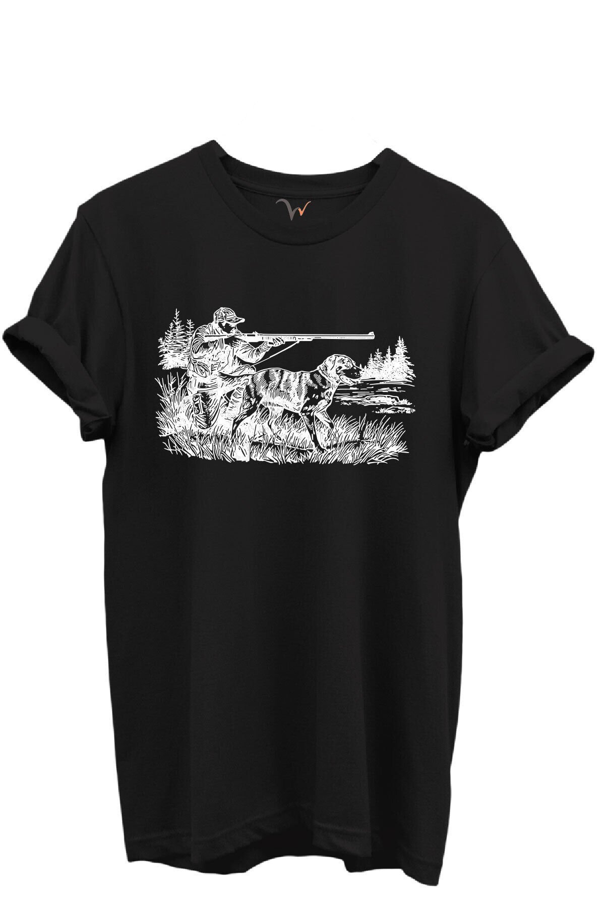 Avcı ve Av Köpeği Av Sahnesi Çizim Baskılı %100 Pamuk Regular Fit Bisiklet Yaka Unisex T-shirt Siyah - L