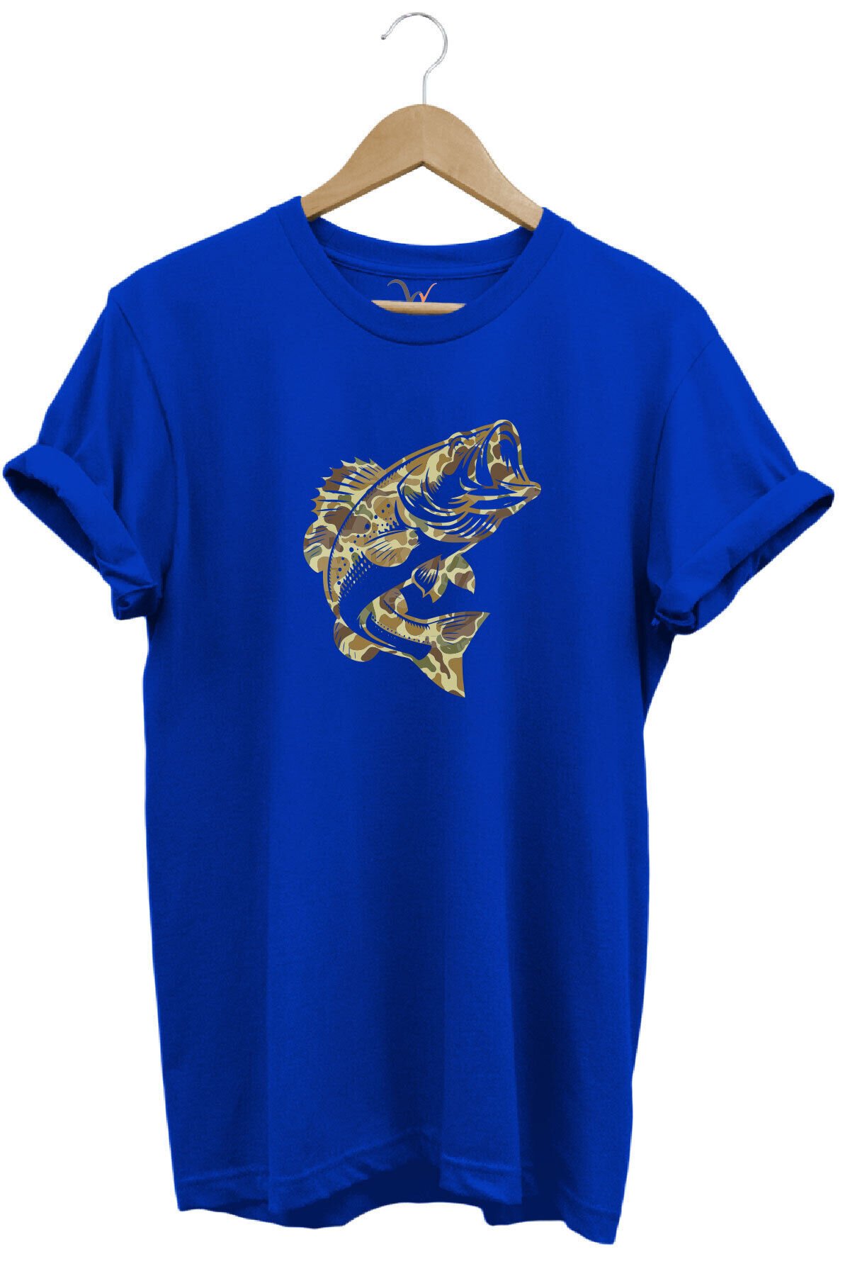Fishing Balık Avı Kamuflaj Desenli Balık Baskılı %100 Pamuk Regular Fit Kırmızı T-shirt Mavi - S