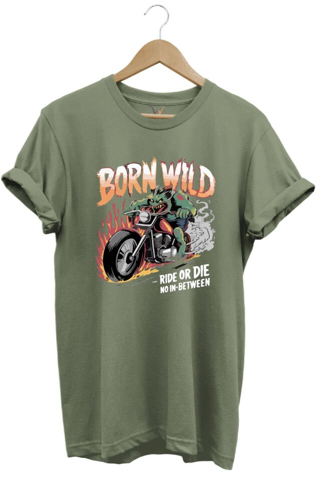 Motorsiklet Born Wild Ride or Die Baskılı Kuru Kafa %100 Pamuk Regular Fit Bisiklet Yaka T-Shirt Haki - 3XL