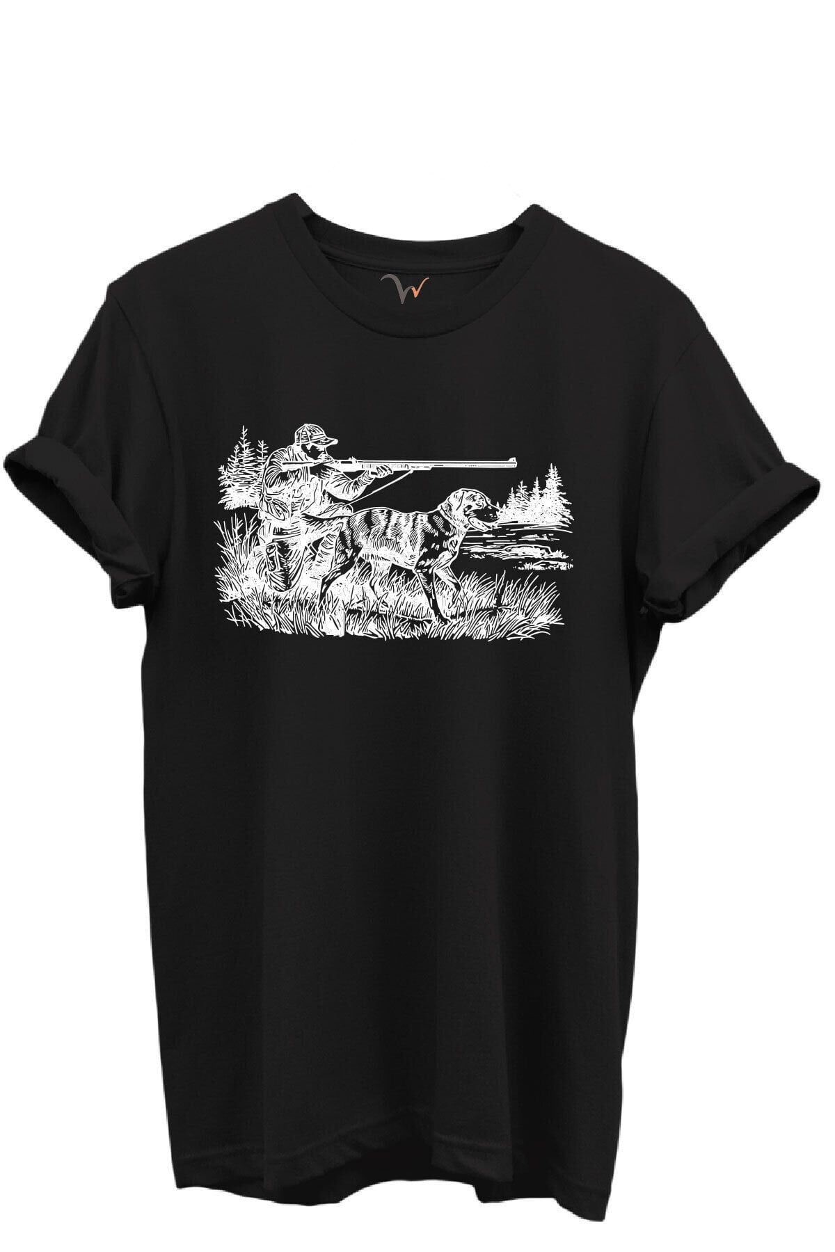 Avcı ve Av Köpeği Av Sahnesi Çizim Baskılı %100 Pamuk Regular Fit Bisiklet Yaka Unisex T-shirt Siyah - 2XL