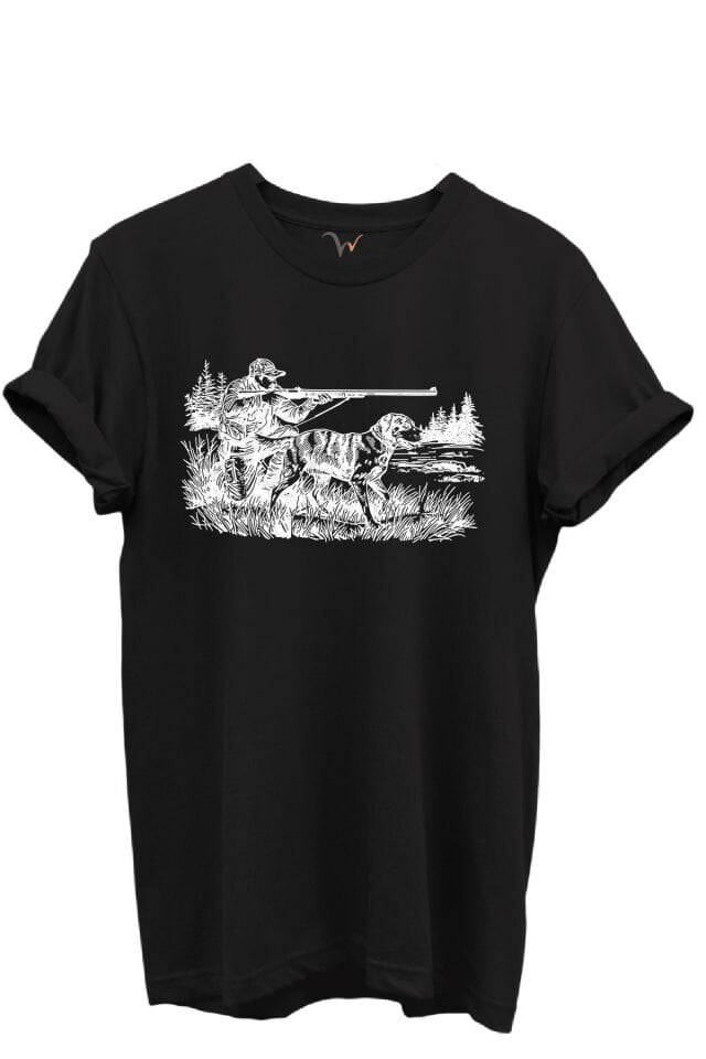 Avcı ve Av Köpeği Av Sahnesi Çizim Baskılı %100 Pamuk Regular Fit Bisiklet Yaka Unisex T-shirt Siyah - 2XL