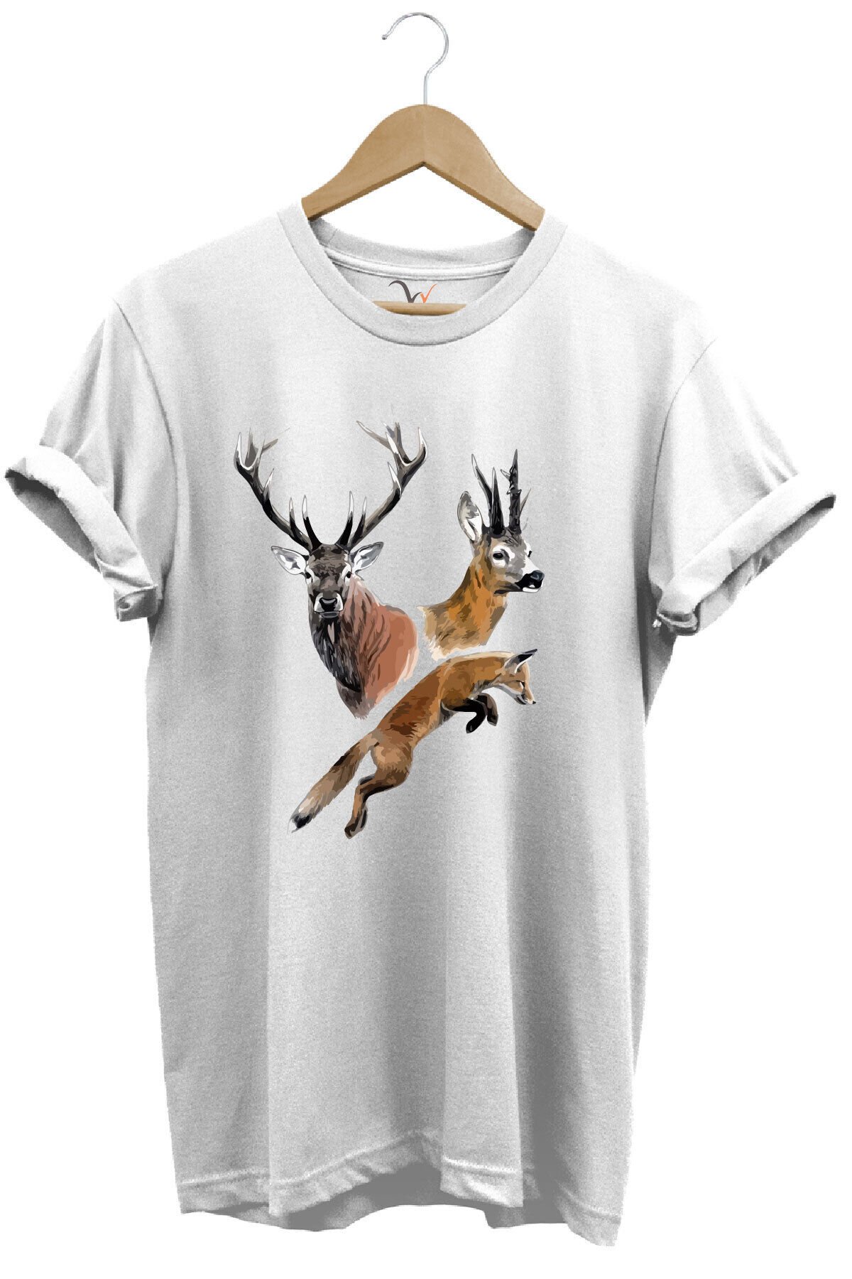 Avcılık Hunter Geyik ve Tilki Baskılı %100 Pamuk Regular Fit Tişört Beyaz - 2XL
