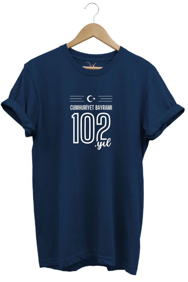 102. Yıl 29 Ekim Cumhuriyet Bayramı Baskılı Ay Yıldız %100 Pamuk Regular Fit Unisex T-Shirt Lacivert - XL