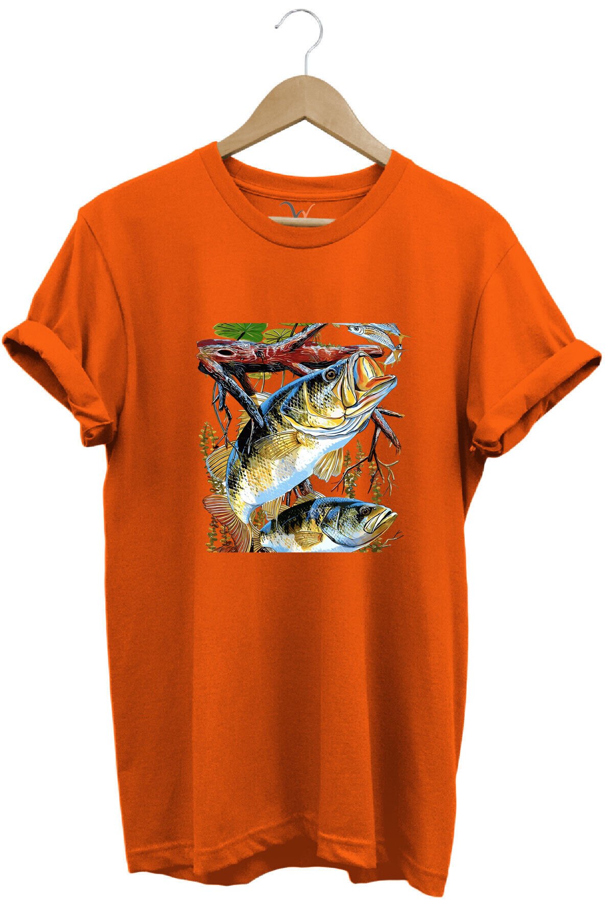 Balıkçılık Avcılık Olta ile Balık Tutmak Sazlık Alabalık Levrek Baskılı Pamuk Regular Fit T-Shirt Turuncu - 2XL