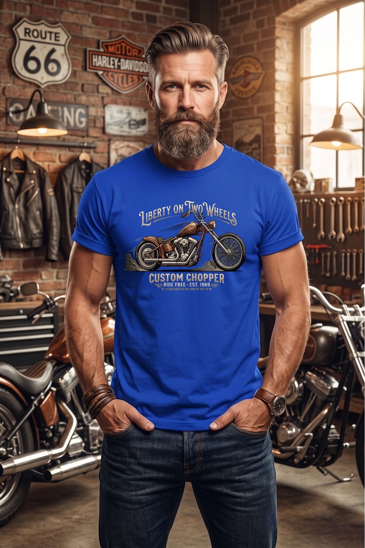 Retro Motosiklet İllüstrasyon Baskılı Pamuklu Unisex Tişört T-shirt Mavi - 2XL