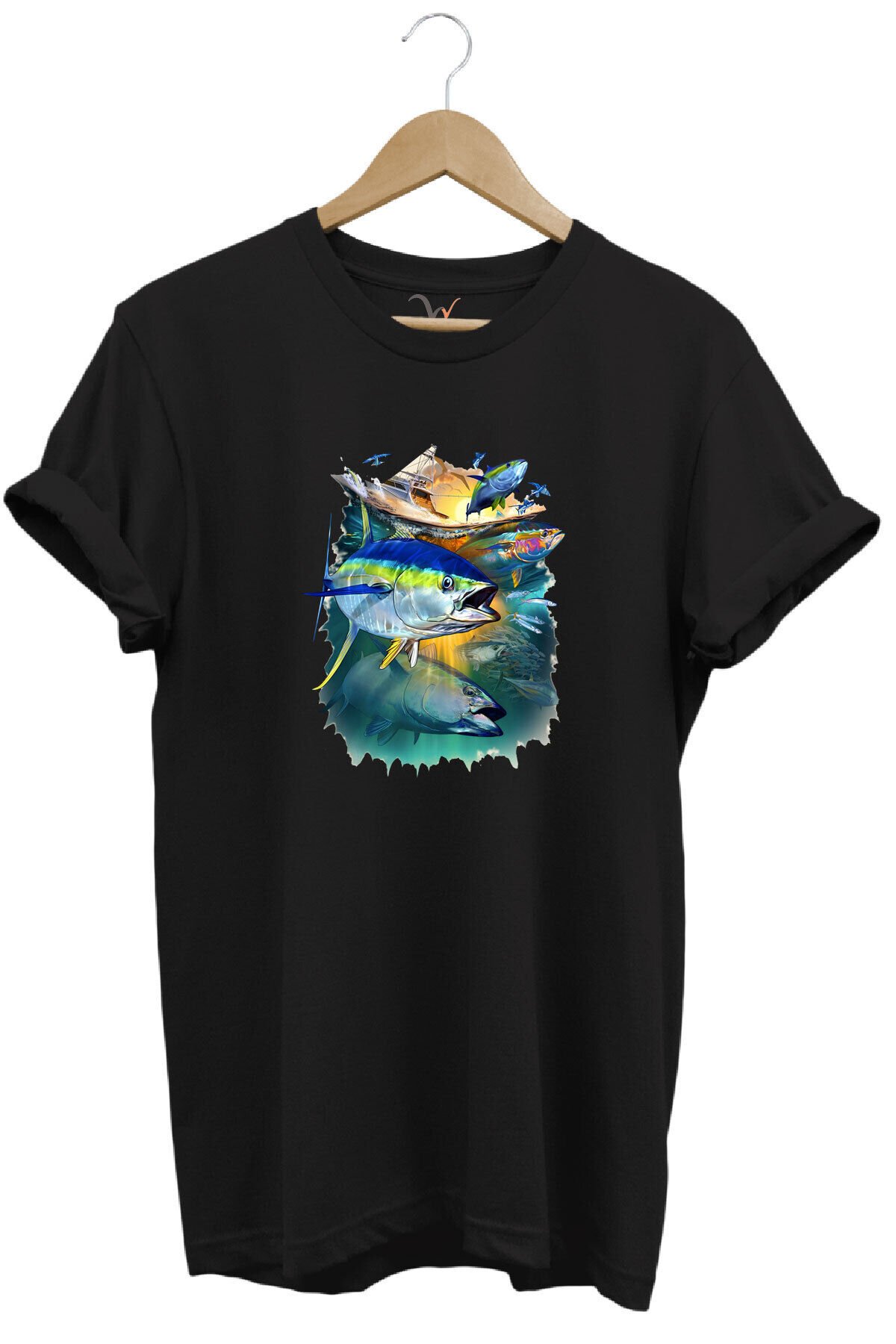 Fishing Balık Baskılı Balıkçılık %100 Pamuk Regular Fit Bisiklet Yaka Siyah T-shirt Siyah - 2XL