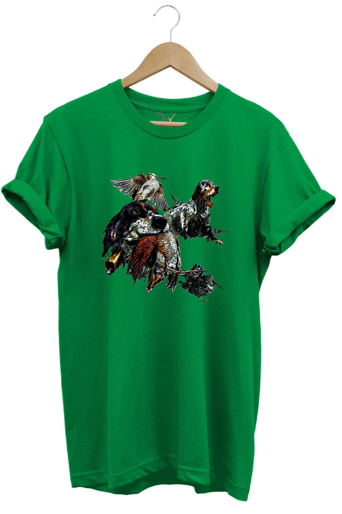 Avcılık Temalı English Setter ve Kuş Baskılı %100 Pamuk Unisex Regular Fit T-Shirt Yeşil - 3XL
