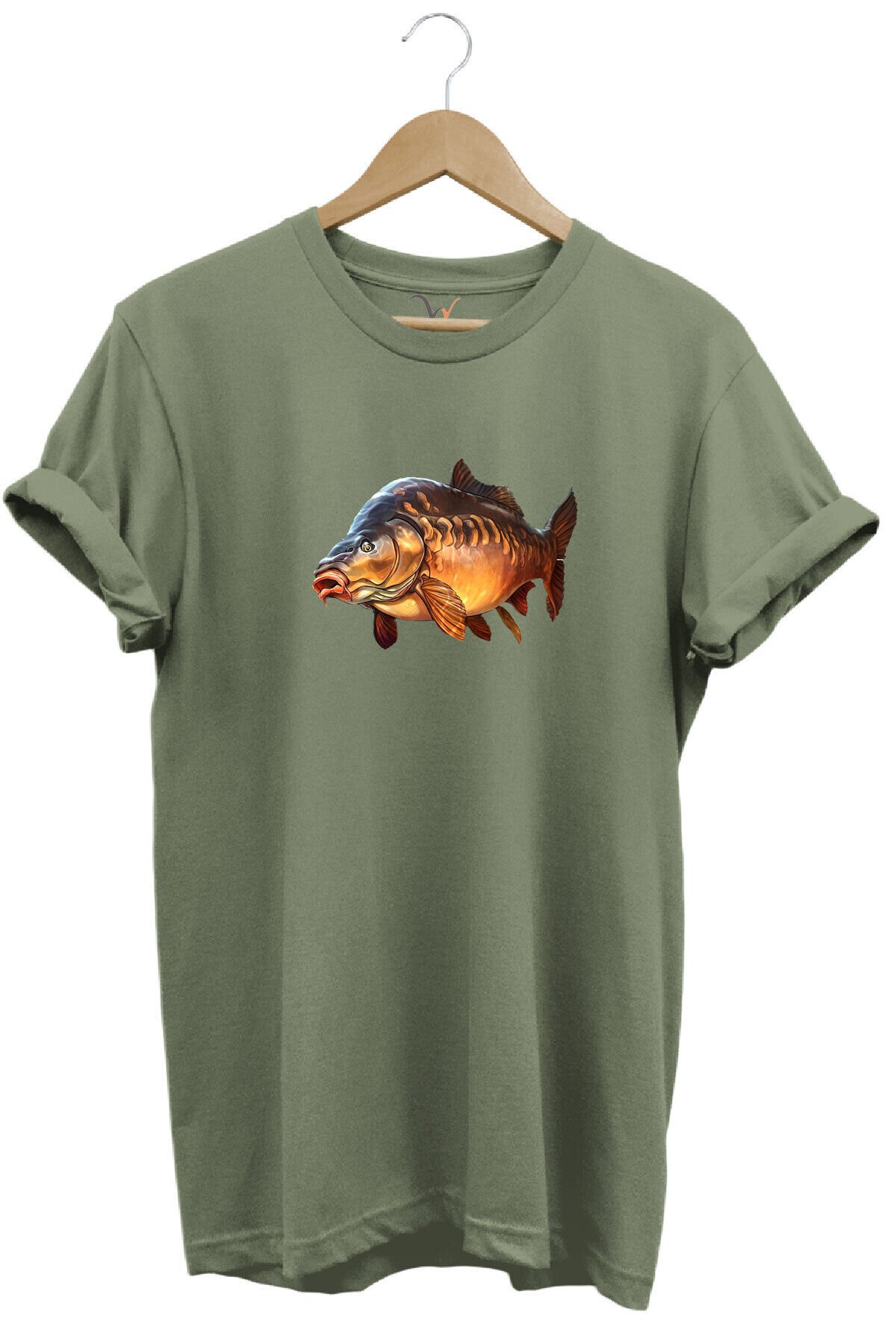 Avcılık Fishing Deniz Göl Sazan Balığı Baskılı Renkli %100 Pamuk Regular Fit Bisiklet Yaka T-Shirt Haki - S