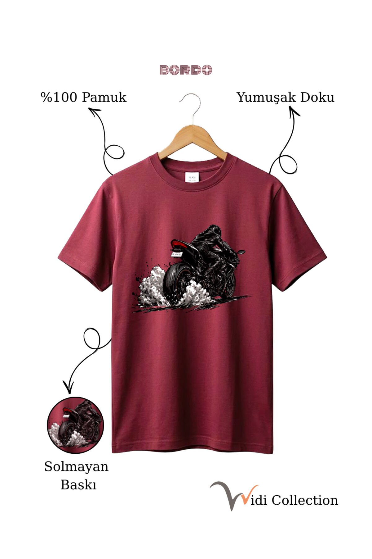 Motor Lastik Duman Efektli %100 Pamuk Regular Fit Unisex T-Shirt Bordo - L