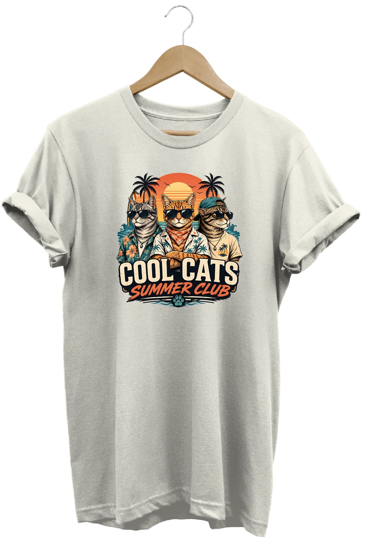 Cool Cats Summer Club Unisex Kedi Baskılı Yaz Temalı Regular Kalıp Bisiklet Yaka T-Shirt