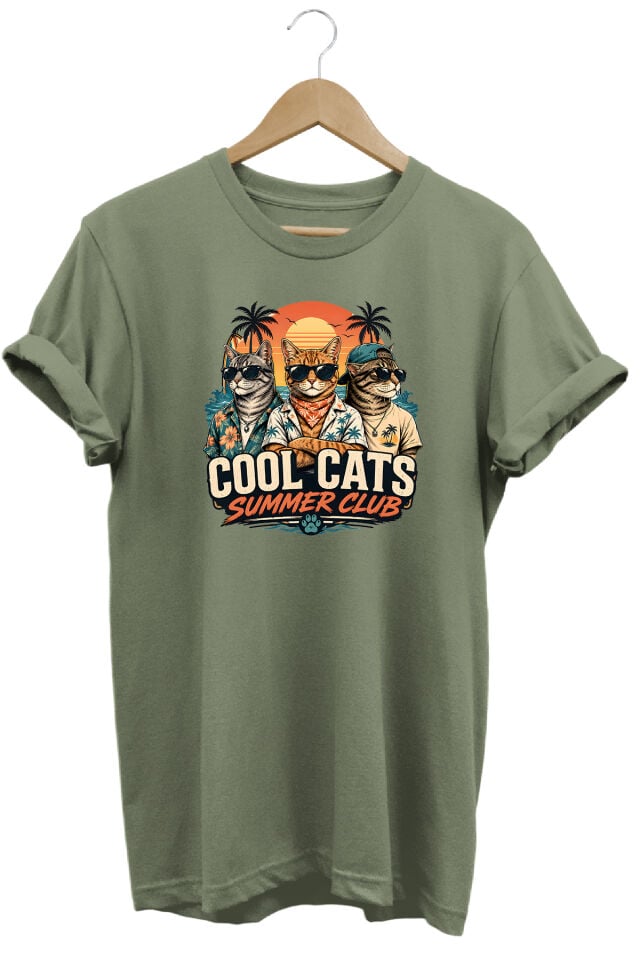 Cool Cats Summer Club Unisex Kedi Baskılı Yaz Temalı Regular Kalıp Bisiklet Yaka T-Shirt