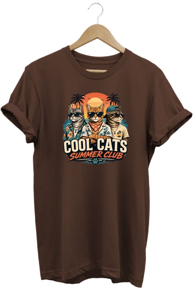 Cool Cats Summer Club Unisex Kedi Baskılı Yaz Temalı Regular Kalıp Bisiklet Yaka T-Shirt