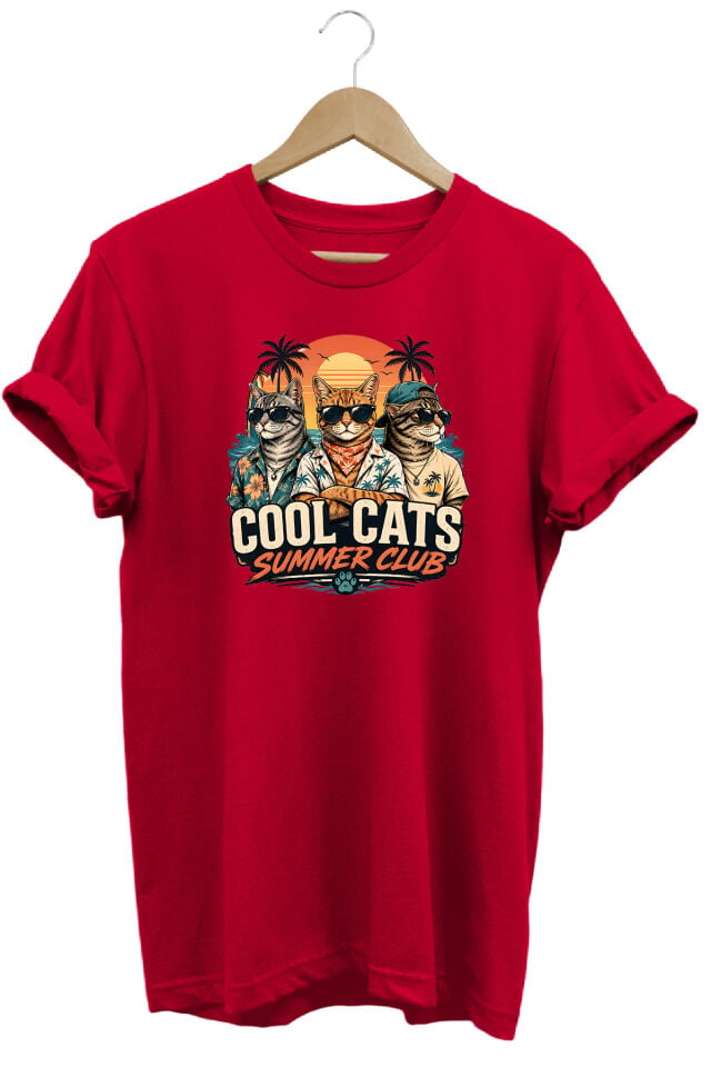 Cool Cats Summer Club Unisex Kedi Baskılı Yaz Temalı Regular Kalıp Bisiklet Yaka T-Shirt