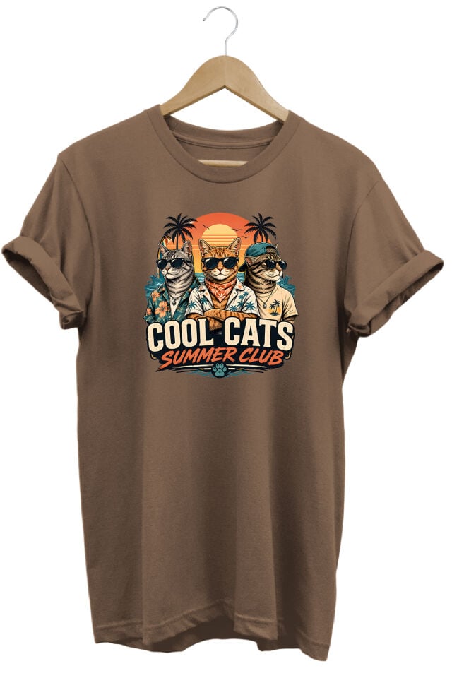 Cool Cats Summer Club Unisex Kedi Baskılı Yaz Temalı Regular Kalıp Bisiklet Yaka T-Shirt