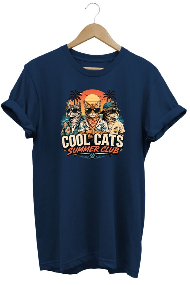 Cool Cats Summer Club Unisex Kedi Baskılı Yaz Temalı Regular Kalıp Bisiklet Yaka T-Shirt