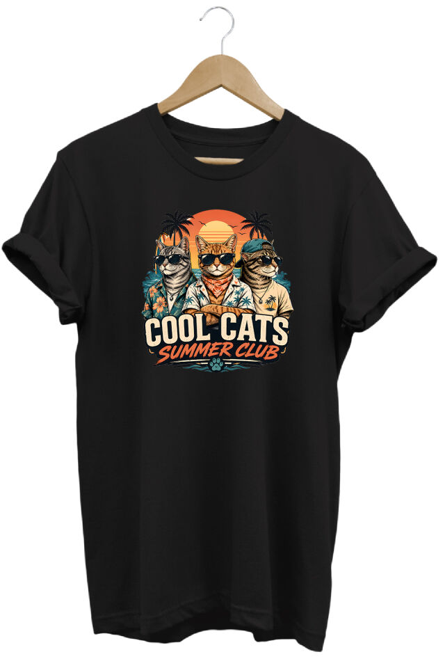 Cool Cats Summer Club Unisex Kedi Baskılı Yaz Temalı Regular Kalıp Bisiklet Yaka T-Shirt