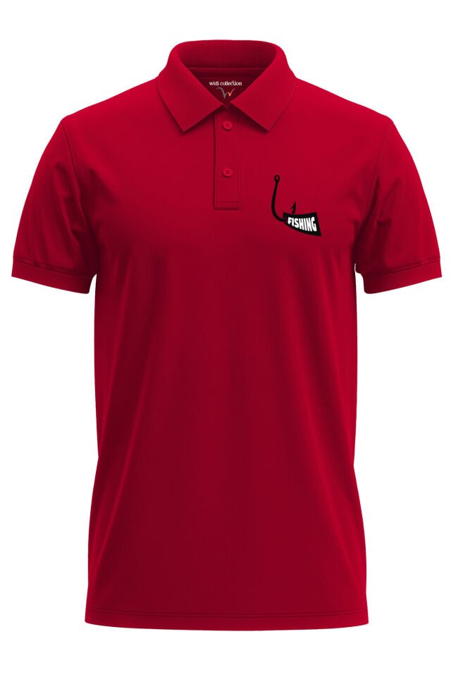 Avcılık Fishing Balıkçı Kanca Baskılı %100 Pamuk Regular Fit Polo Yaka Kırmızı T-shirt Kırmızı - 2XL