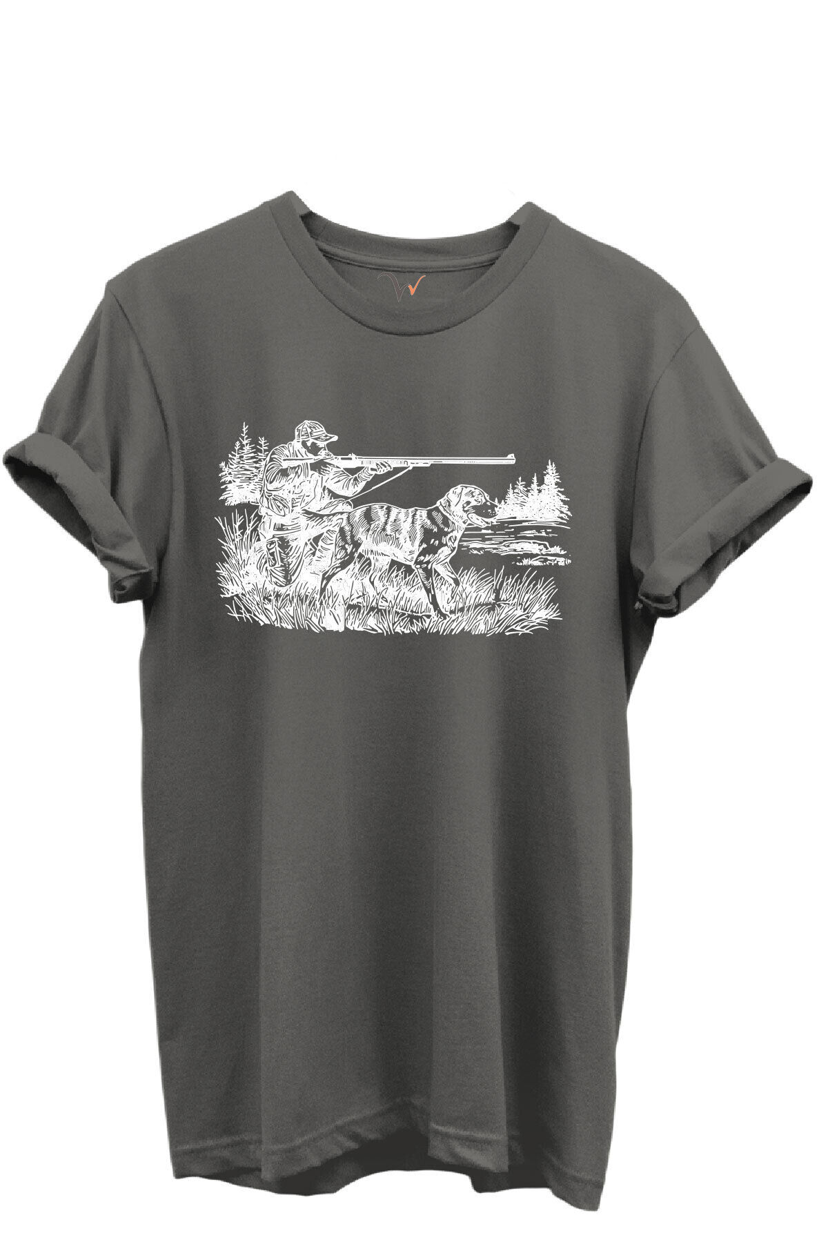 Avcı ve Av Köpeği Av Sahnesi Çizim Baskılı %100 Pamuk Regular Fit Bisiklet Yaka Unisex T-shirt Antrasit Gri - XL