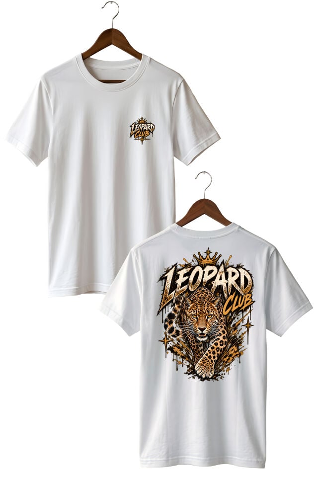 Leopard Club Leopar Baskılı Oversize Unisex T-Shirt – Ön Arka Baskılı Vintage Streetwear Tişört