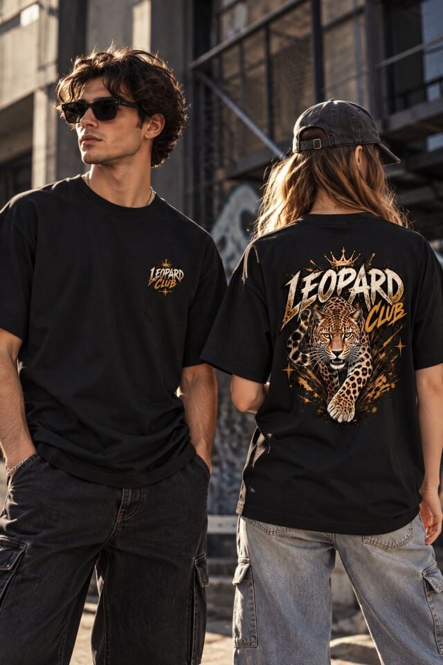 Leopard Club Leopar Baskılı Oversize Unisex T-Shirt – Ön Arka Baskılı Vintage Streetwear Tişört