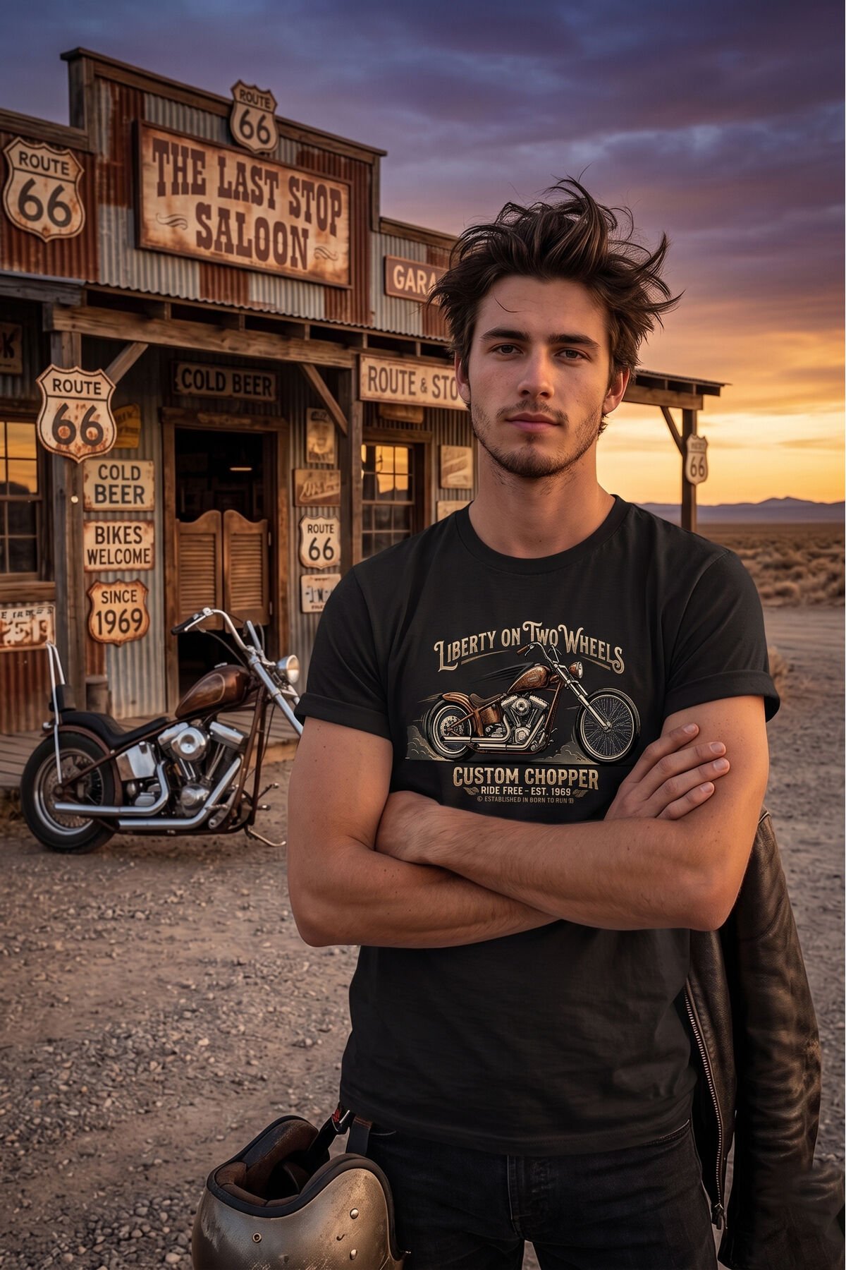Retro Motosiklet İllüstrasyon Baskılı Pamuklu Unisex Tişört T-shirt Siyah - 2XL