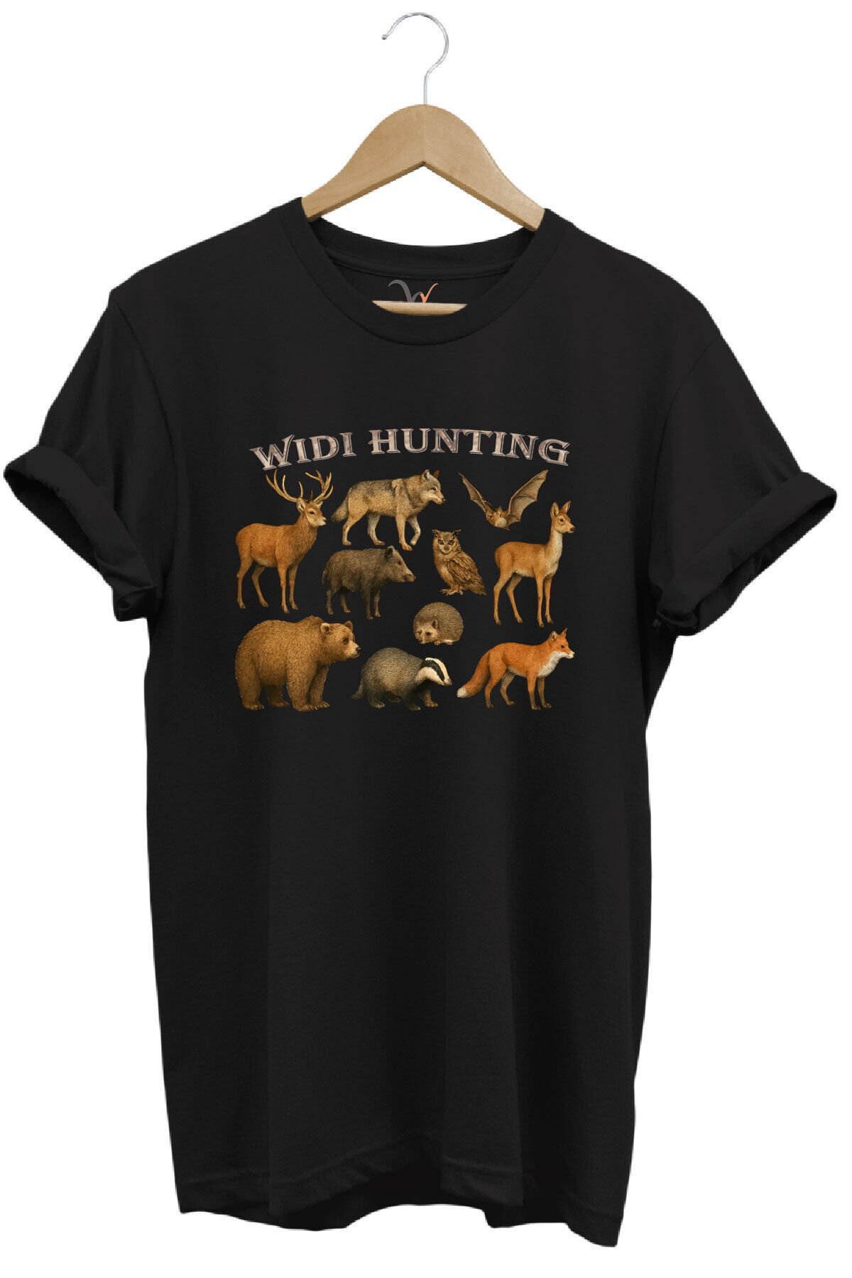 Widi Hunting Vahşi Yaşam Geyik Ayı Kurt Baskılı %100 Pamuk Regular Fit Bisiklet Yaka Siyah T-shirt Siyah - XL