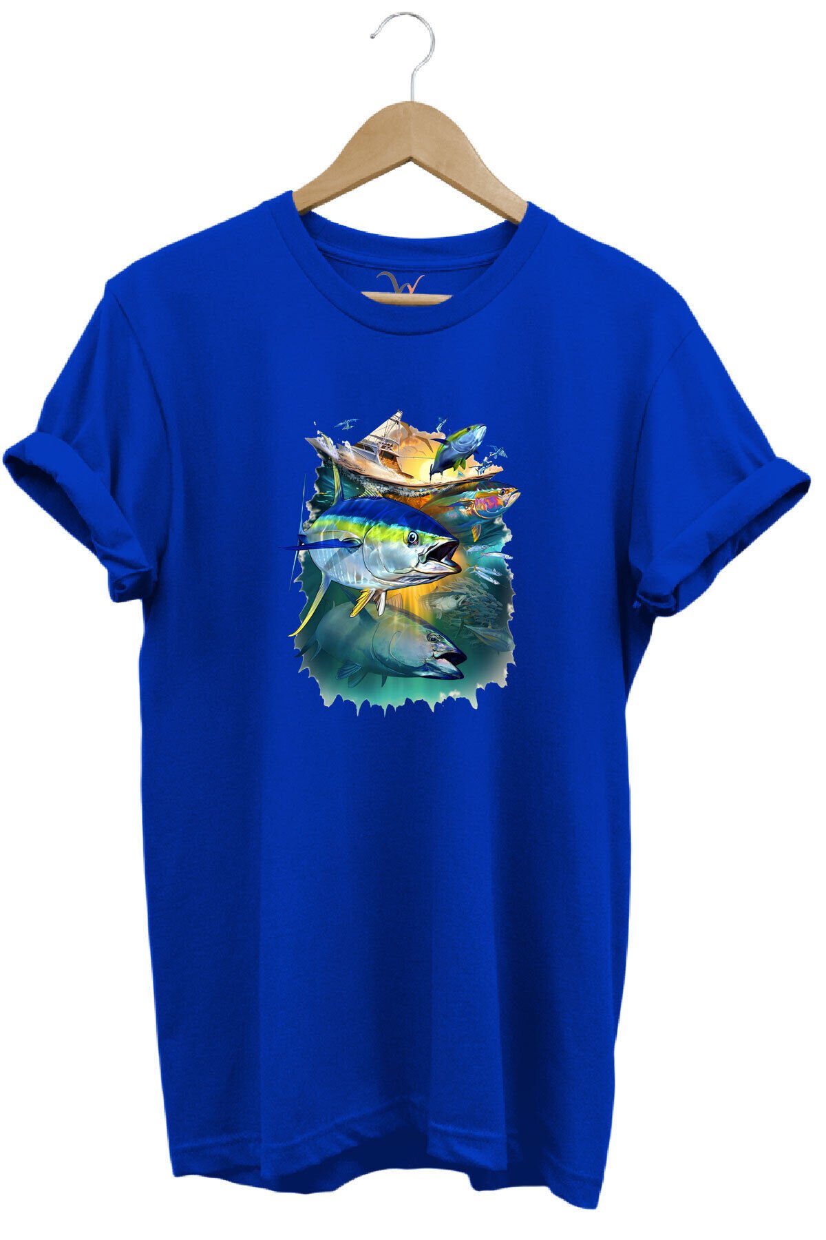 Fishing Balık Baskılı Balıkçılık %100 Pamuk Regular Fit Bisiklet Yaka Siyah T-shirt Mavi - 3XL