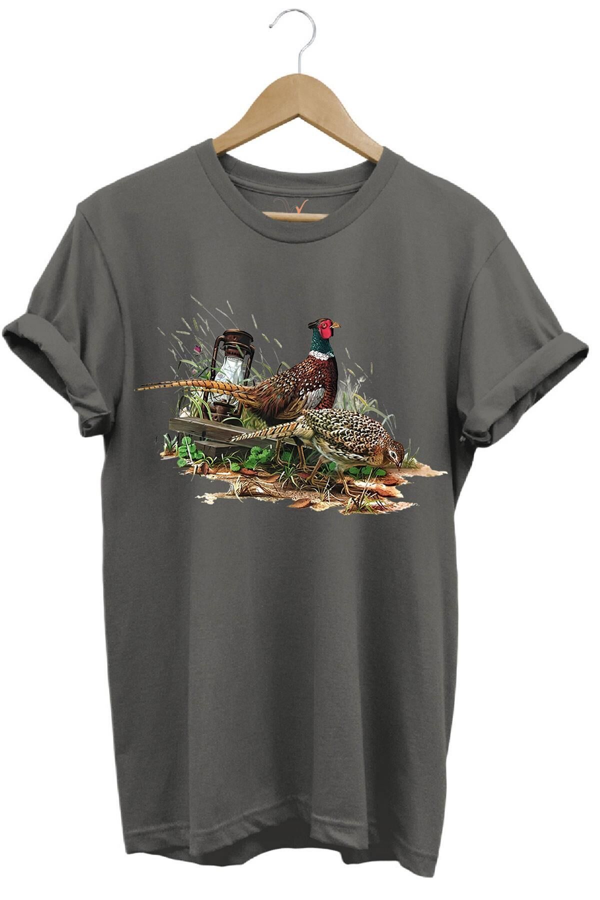 Widi Avcılık Desenli Halka Boyunlu Sülün T-Shirt Antrasit