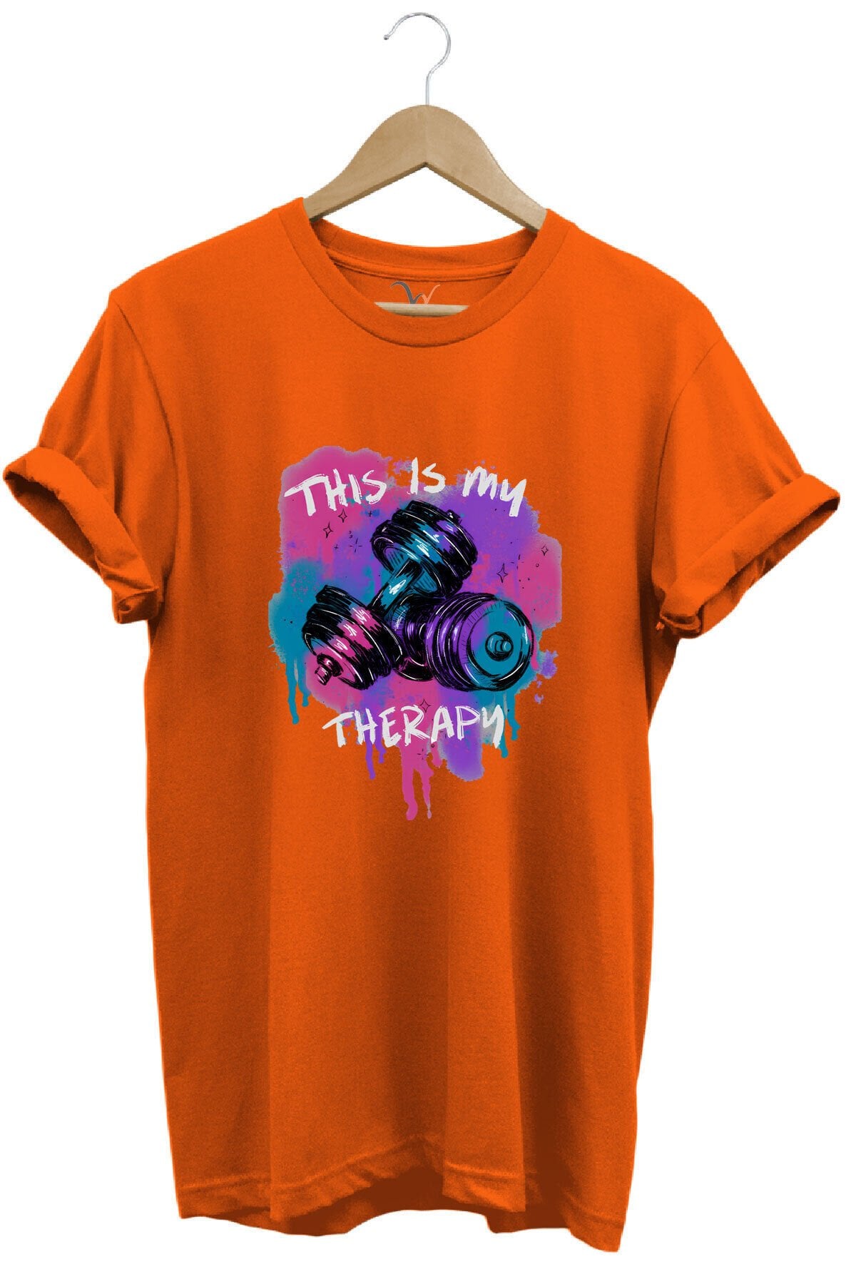 This is my therapy Gym Sporcu Fitness Dambıl Baskılı %100 Pamuk Regular Fit Bisiklet Yaka T-shirt Turuncu - M