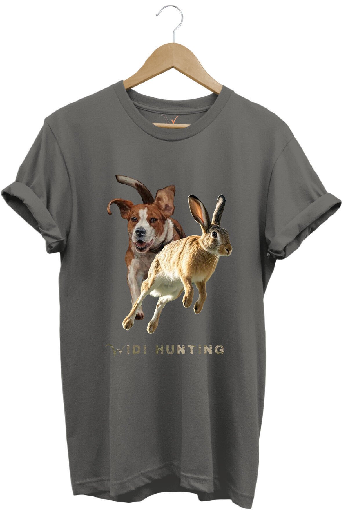 Avcılık Hunting Tavşan Avı ve Av Köpeği Tasarım Baskılı %100 Pamuk Regular Fit Unisex T-Shirt Gri - XL