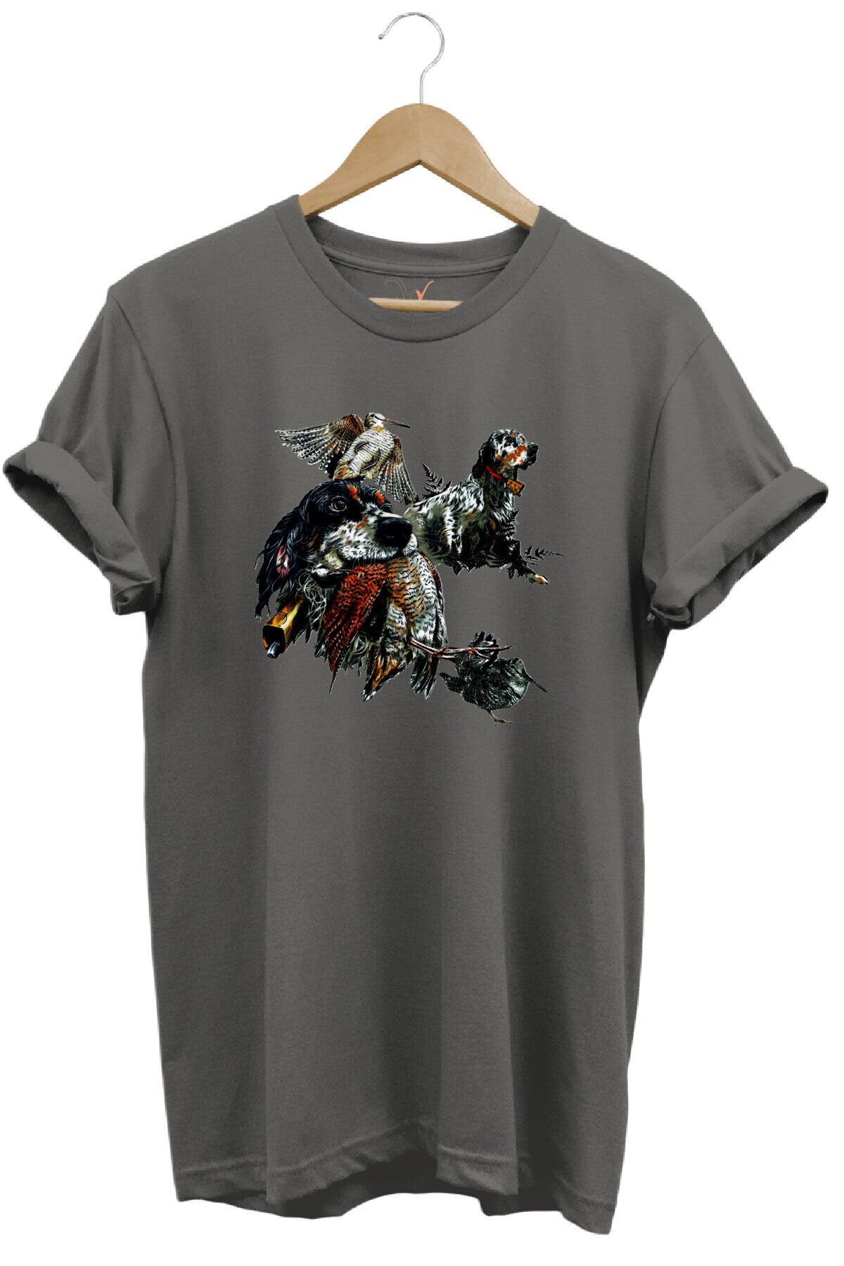 Avcılık Temalı English Setter ve Kuş Baskılı %100 Pamuk Unisex Regular Fit T-Shirt Gri - 2XL