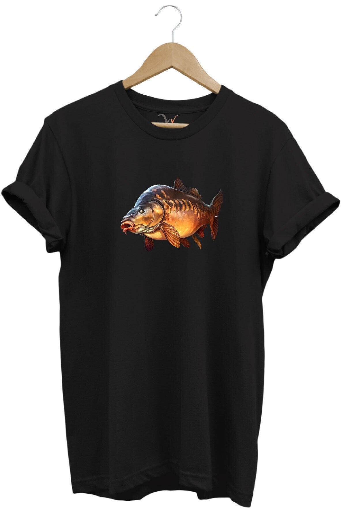Avcılık Fishing Deniz Göl Sazan Balığı Baskılı Renkli %100 Pamuk Regular Fit Bisiklet Yaka T-Shirt Siyah - 5XL