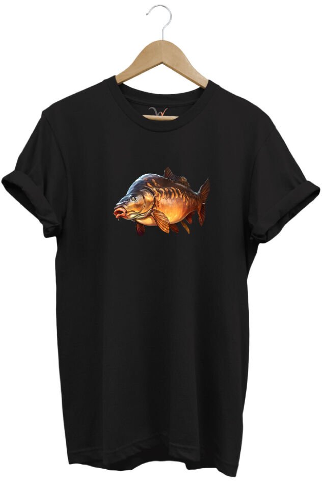 Avcılık Fishing Deniz Göl Sazan Balığı Baskılı Renkli %100 Pamuk Regular Fit Bisiklet Yaka T-Shirt Siyah - 5XL