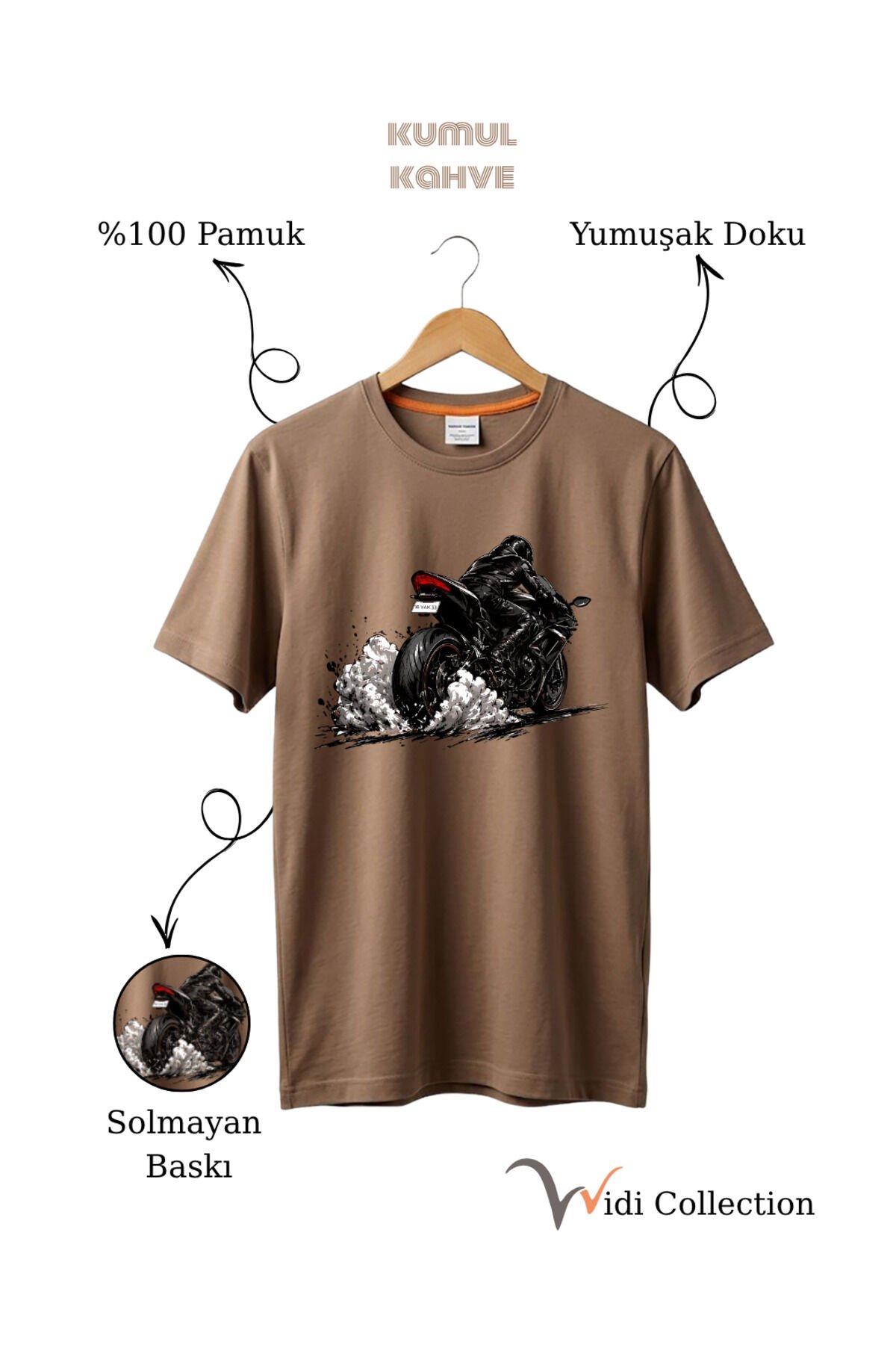 Motor Lastik Duman Efektli %100 Pamuk Regular Fit Unisex T-Shirt Açık Kahverengi - 2XL