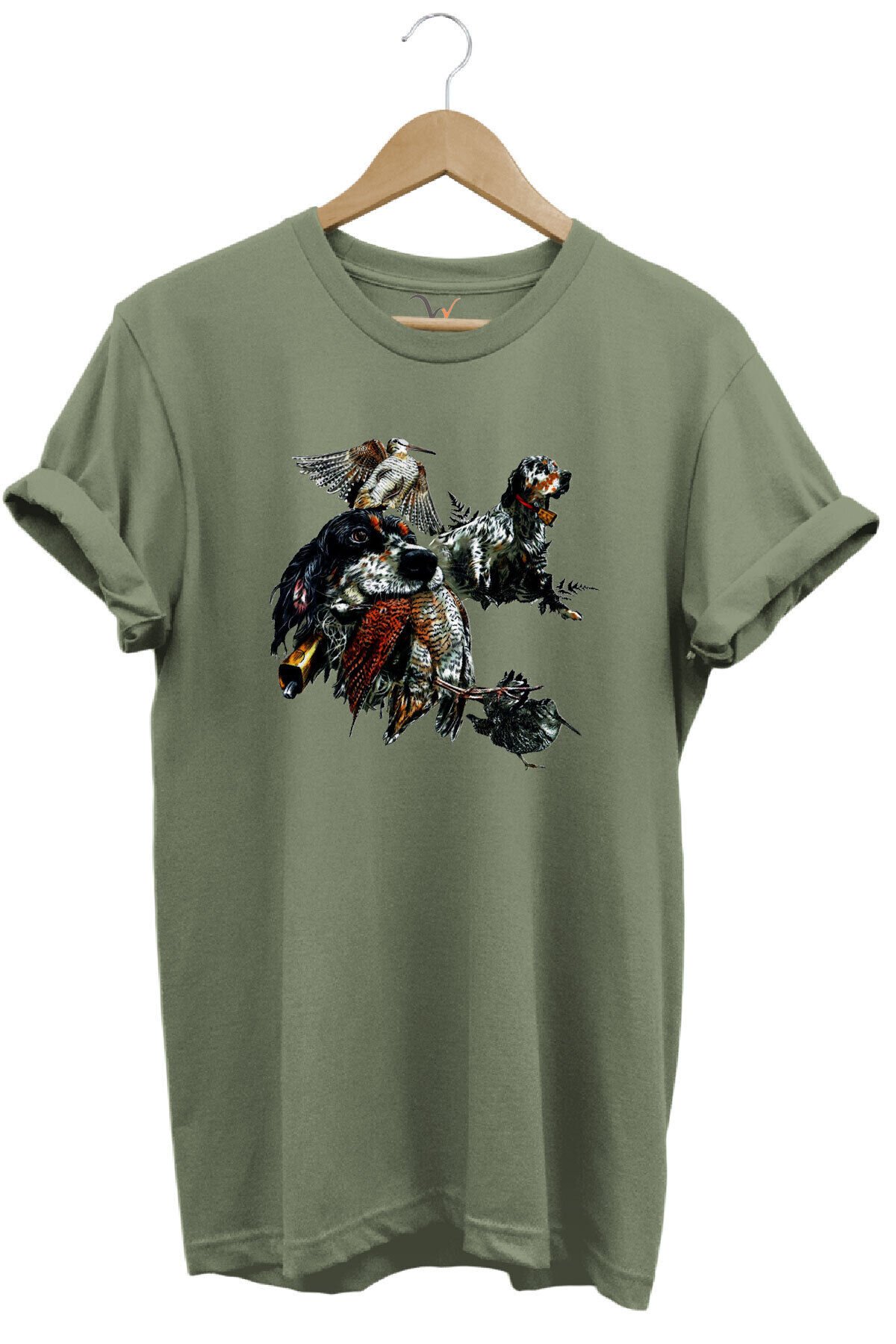 Avcılık Temalı English Setter ve Kuş Baskılı %100 Pamuk Unisex Regular Fit T-Shirt Haki - 3XL