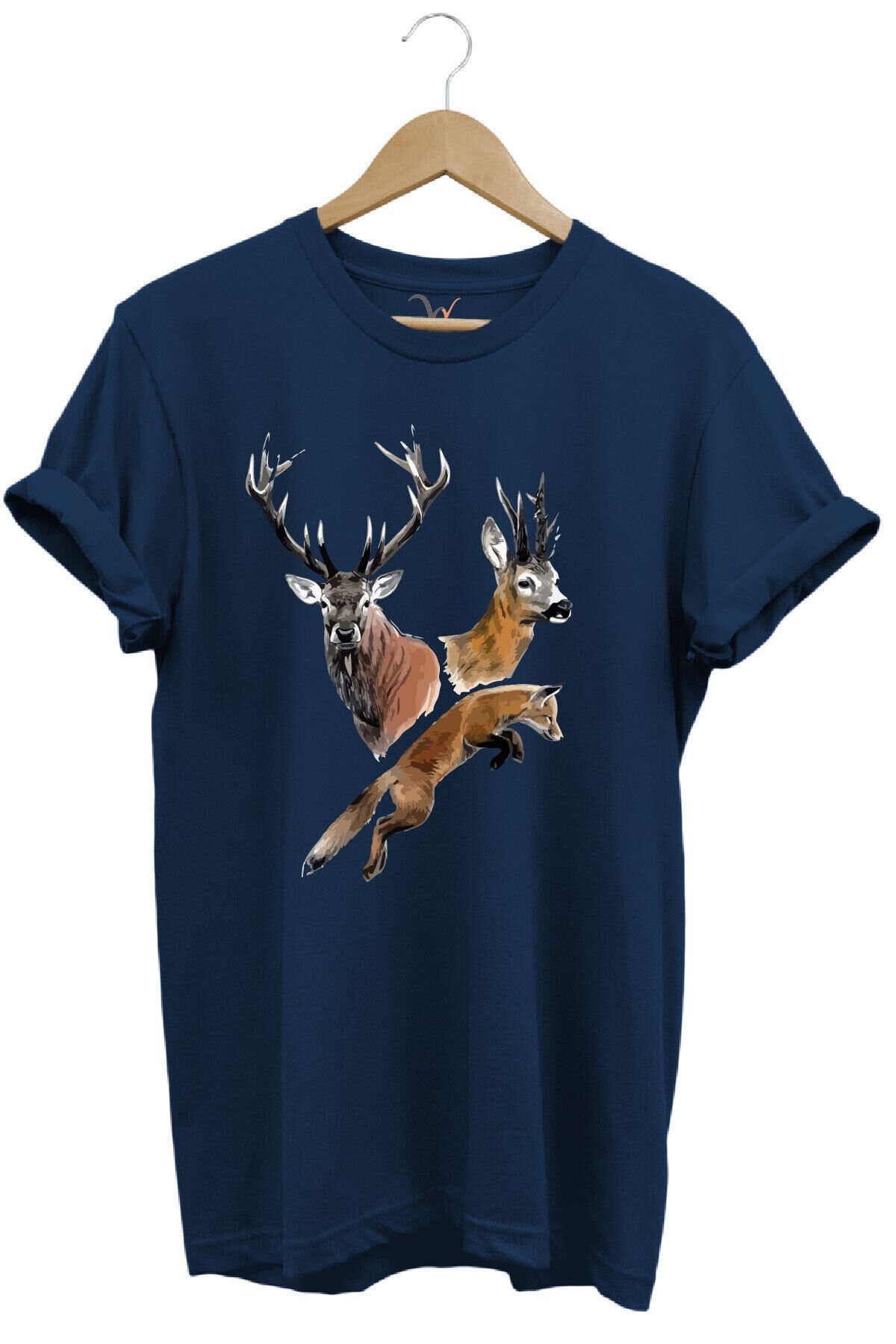 Avcılık Hunter Geyik ve Tilki Baskılı %100 Pamuk Regular Fit Tişört Lacivert - 2XL