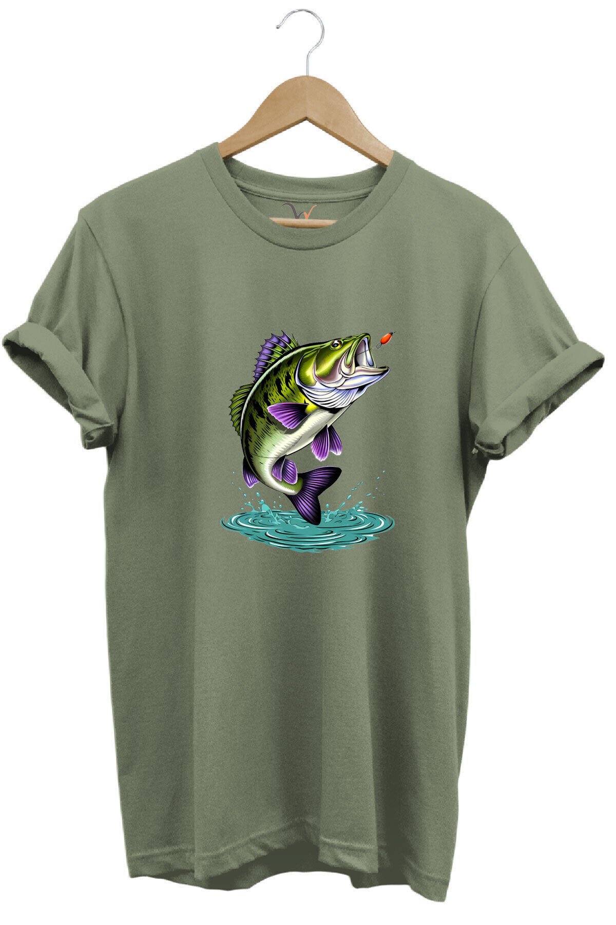 Fishing Balıkçılık Levrek Balığı Baskılı Avcı %100 Pamuk Regular Fit Unisex T-Shirt Haki - 3XL