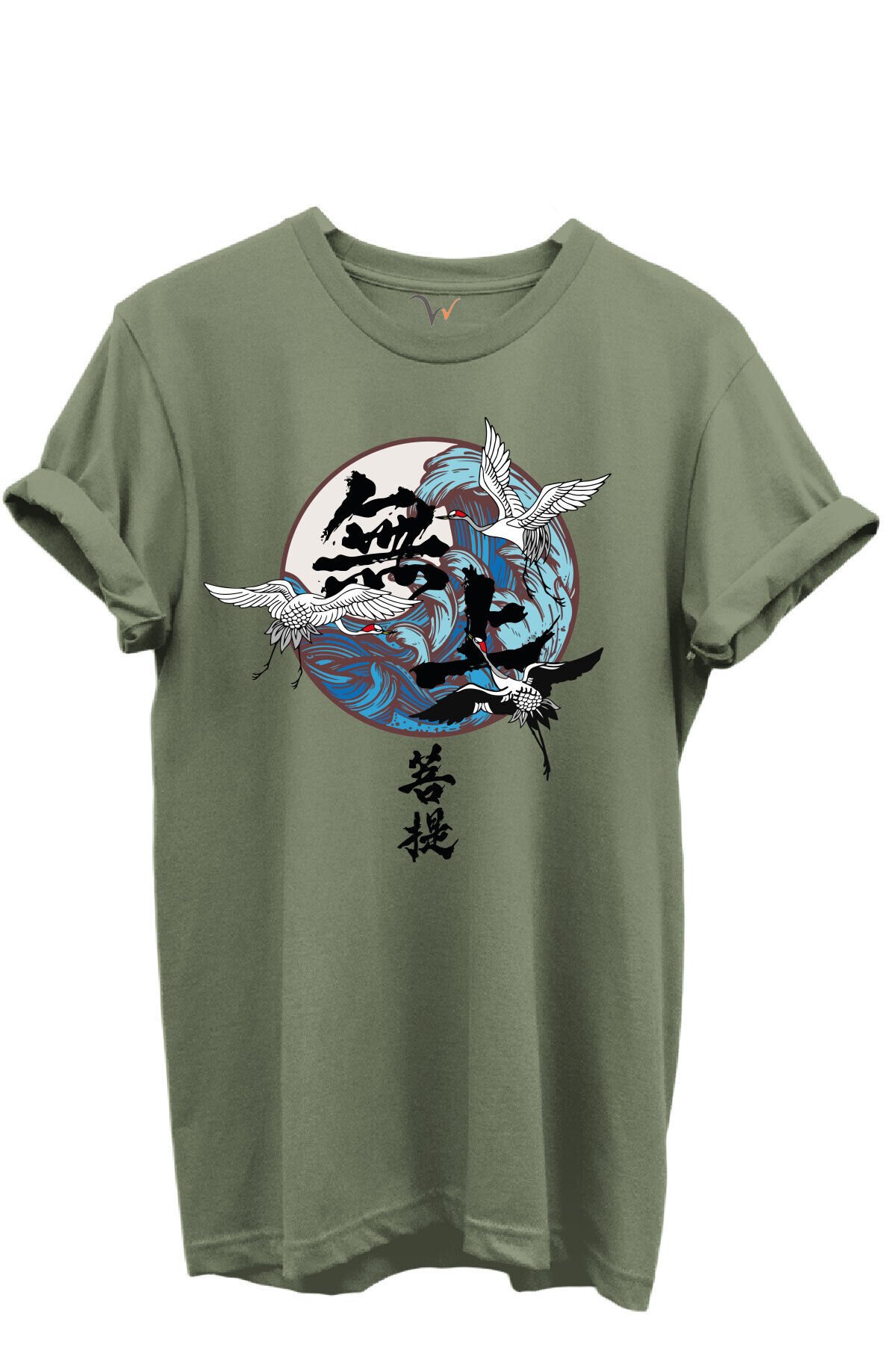 Japon Sanatı Stilinde Turna Kuşları ve Dalga Desenli %100 Pamuk Regular Fit Unisex T-Shirt Haki - M