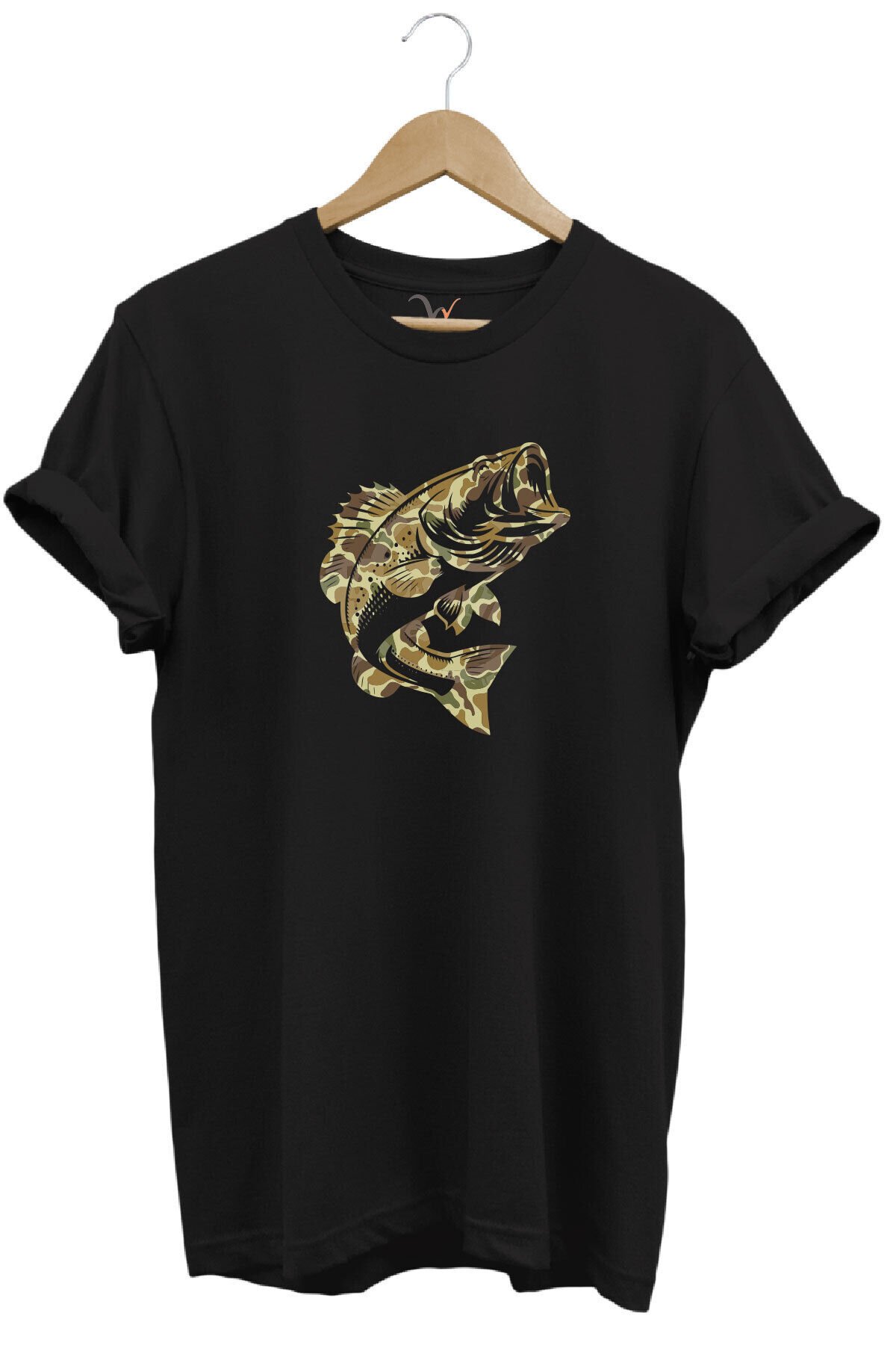 Fishing Balık Avı Kamuflaj Desenli Balık Baskılı %100 Pamuk Regular Fit Kırmızı T-shirt Siyah - M